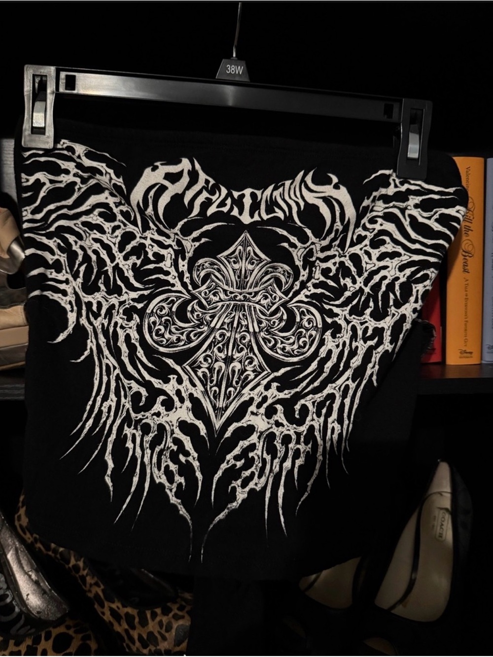 Affliction Black Strapless Crop Top with White Ornate Fleur Design